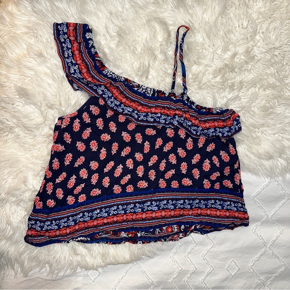 Xhilaration | NWT Asymmetrical Off Shoulder Flowy Ruffle Floral Latinx Print Top - Picture 6 of 12